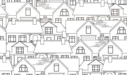 Seamless texture with contour country houses. Vector background for your creativit