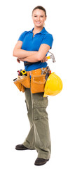 Full-length female woman contractor construction worker do-it-yourselfer isolated on white background