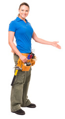 Attractive woman contractor construction worker do-it-yourself showing explaining gesturing isolated on white background for use alone or as a design element