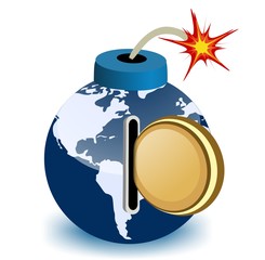 world bomb with coin and world map - financing army in the world