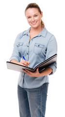 Young Woman Worker with Notebook on White