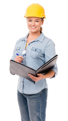 Attractive young woman construction worker contractor architect engineer in yellow hard hat with...