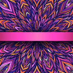 pattern with pink Mandalas and ribbon. Vector ornaments, background