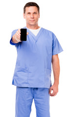 Man Doctor Nurse Hospital Worker with Mobile phone isolated on white background