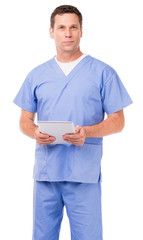Man Doctor Nurse Hospital Worker with Digital Tablet isolated on white background