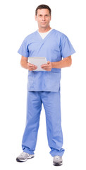 Full-length male man doctor nurse practitioner physical occupational therapist veterinarian dentist hospital clinic medical center worker with digital tablet isolated on white background