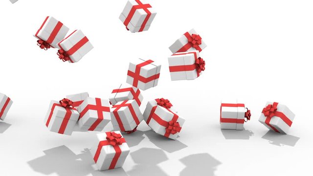 Falling boxes of Christmas presents on white background