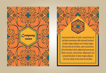 Fototapeta na wymiar Vector set of colorful brochure templates for business and invitation. Portuguese, Moroccan; Arabic; asian ornaments