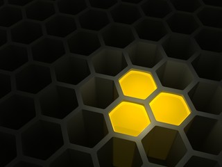 Concept of the beginning of accumulation of the capital, money, riches, something valuable as honeycombs with several cells filled with honey, 3D illustration.