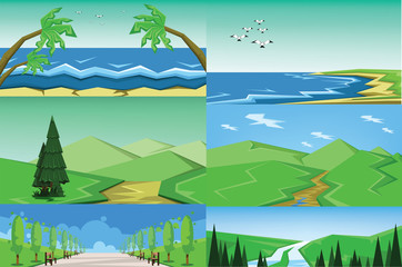 Fototapeta na wymiar Vector abstract green landscape set with blue and sea shores, hills and road, flat zigzag style.