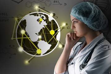 Collage on scientific topics. Young female doctor standing against gray background