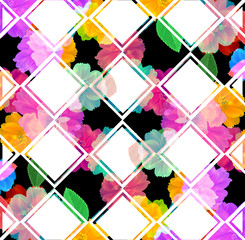 Colorful flowers with geometric shapes, abstract background.