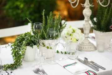 White flowerpots with greenery stand behind sparkling glassware