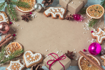 Background gifts, Christmas cookies and fir cones 