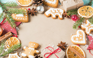 Background gifts, fir branches, cones and Christmas cookies