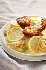 spaghetti with crispy chicken and lemon cream