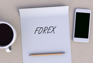 FOREX, message on paper, smart phone and coffee on table, 3D rendering