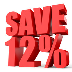 Discount 12 percent off. 3D illustration on white background.