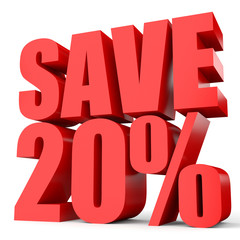 Discount 20 percent off. 3D illustration on white background.