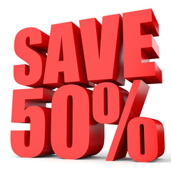 Discount 50 percent off. 3D illustration on white background.