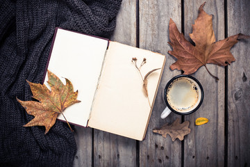 vintage book, knitted sweater with autumn leaves and coffee mug