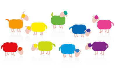 Obraz premium Colored sheep flock cartoon - illustration on white background.