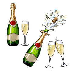 Fototapeta Champagne bottle and glasses, set of cartoon vector illustrations isolated on white background. Closed and open champagne bottle and glasses, holiday toast, cork jumping out with explosion obraz