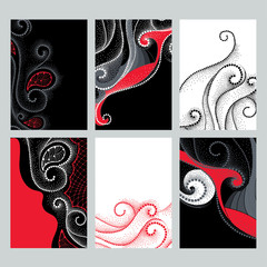 Vector set with design illustrations in dotwork style. Elegance dotted swirls in red, black and white colors for cards. Abstract background and design elements with dots. Creative print templates.