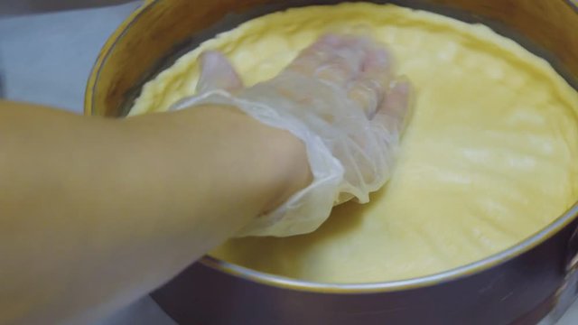 A woman making a delicious fresh apple pie in her kitchen