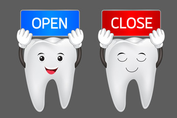 Happy cartoon tooth and dentist take close and open billboard. Illustration