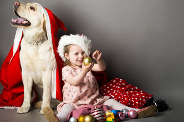 Christmas little girl with labrador dog