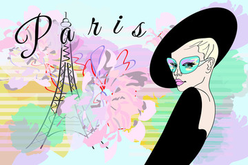 Abstract sketch girl in dress, hat, green sunglasses. Background colorful watercolor draw panorama Paris