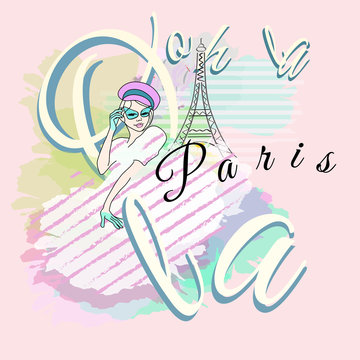Abstract sketch girl in striped dress, hat, green sunglasses. Background colorful watercolor draw panorama Paris