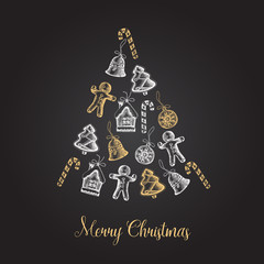 Greeting card with a Christmas tree of gingerbread. Golden and Black. Merry Christmas and Happy New Year. The sketch, drawn by hand. Vector