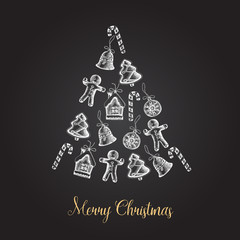 Greeting card with a Christmas tree of gingerbread. White and Black. Merry Christmas and Happy New Year. The sketch, drawn by hand. Vector