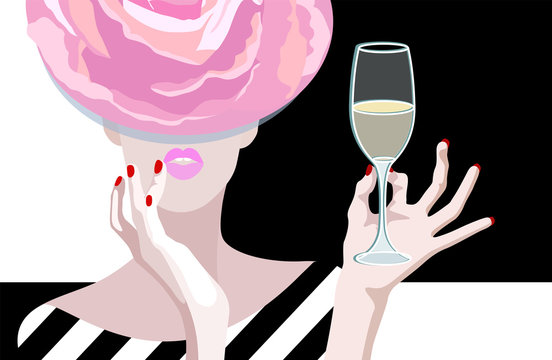 Abstract vector drawing of  woman in  floral hat of roses, in hand glass of  wine