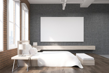 Side view of bed and three windows