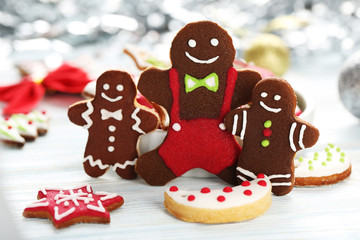 Christmas cookies in bowl on a blue wooden table