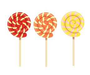 Vector illustration of multicolored spiral sweet lollipops. Frui