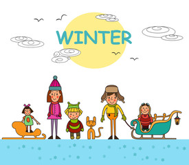 Kids playing outdoors in winter isolated on white background  vector illustration