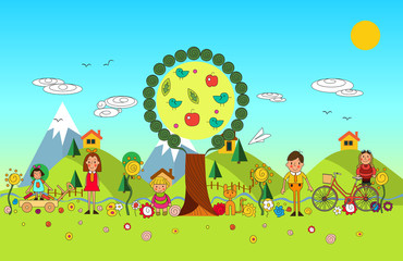 Children summer vacation in park. Vector set of summer child's outdoor activities. Kids playing outside.