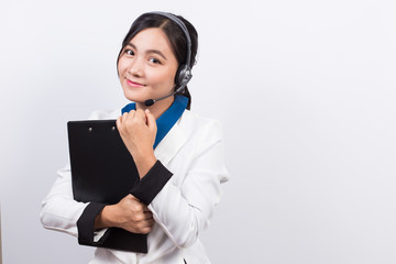 Operator or businesswoman in headset feel so good