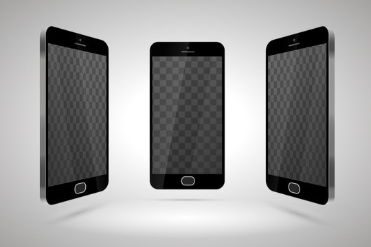 Three realistic glossy smartphones, mockup with transparent place for layout