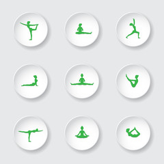 Obraz premium 9 green vector yoga pose silhouettes on white button