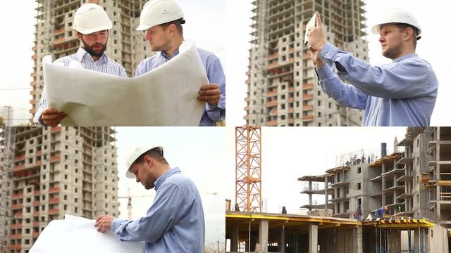 Construction engineers at construction site. Collage