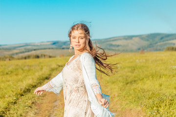 Fototapeta na wymiar girl, hay, beautiful, boho style, sexy, portrait, young, beauty, woman, fashion, lady, female, pretty, field, summer, white, cute, attractive, model, hair, nature, straw, adult, natural, dress.