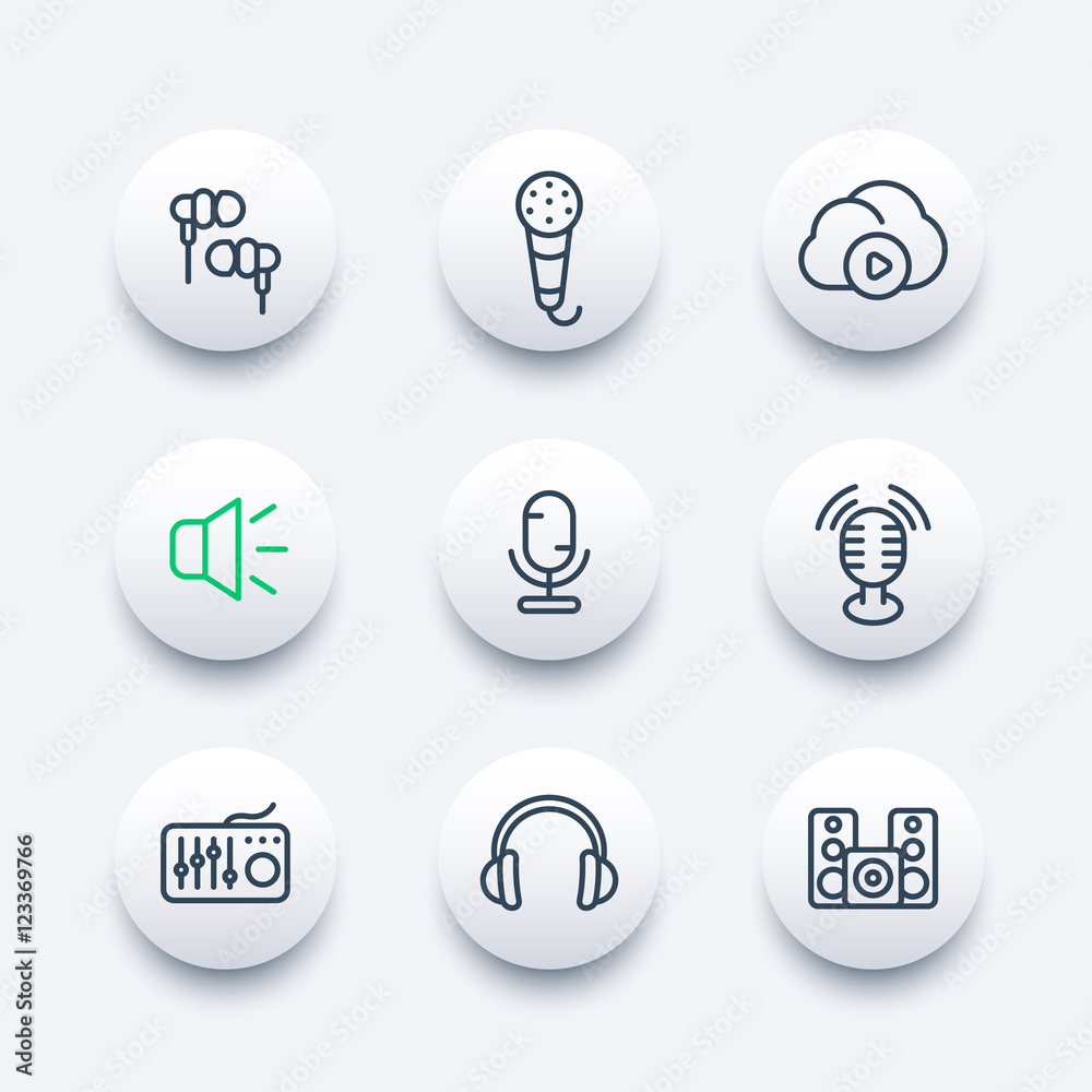 Sticker audio line icons set, earbuds, headphones, microphones, speakers, music in cloud