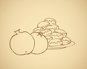 Ripe grenades near the dish with sweet donuts