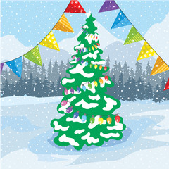 Christmas decorations on a background of  winter landscape.