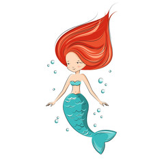  Mermaid is swimming.  She is hostess underwater ocean world. Vector isolated.